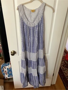 Roberta Roller Rabbit White and Blue Printed Tiered Maxi Dress